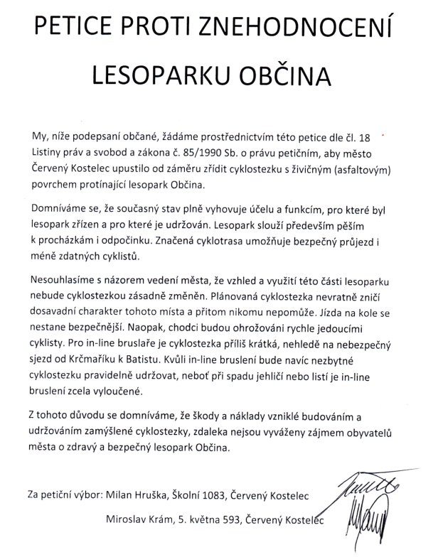 Petice proti asfaltování Občiny 2015